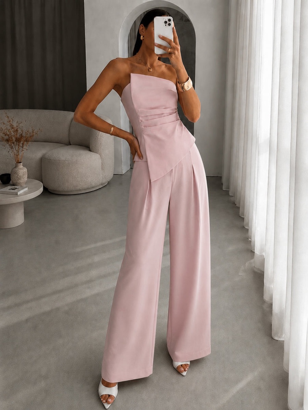 Commense Asymmetric Ruched Strapless Top & Pants Set NWT